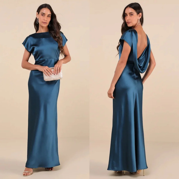 Lulus Captivating Presence Dark Teal Satin Cowl Back Maxi Dress L Wedding Party - Picture 1 of 10